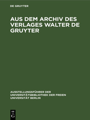 cover image of Aus dem Archiv des Verlages Walter de Gruyter